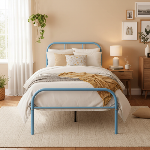 Lit enfant 90x190 cm en métal bleu, cadre solide avec sommier à lattes