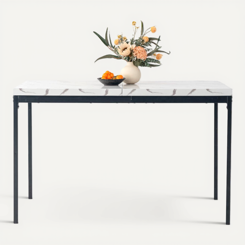 Table Extensible 120 Cm Effet Marbre, Pieds En Métal Noir, Table Repas Moderne Gain De Place