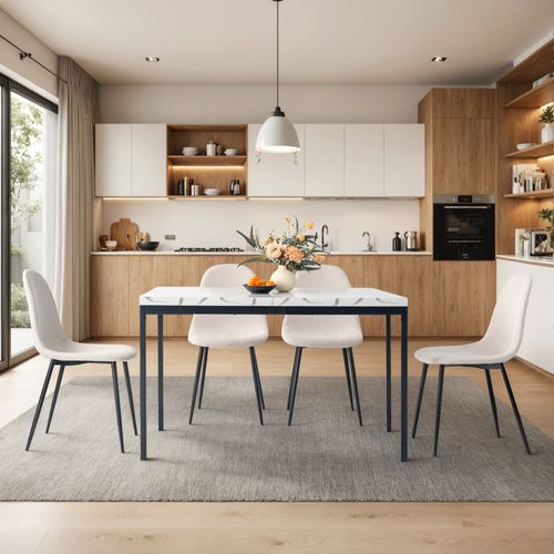 Table Extensible 120 Cm Effet Marbre, Pieds En Métal Noir, Table Repas Moderne Gain De Place