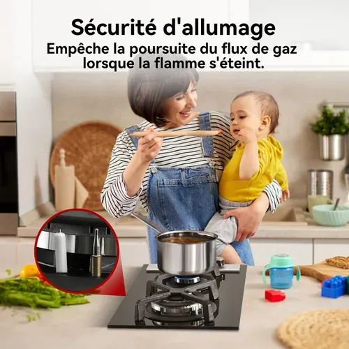 Plaque De Cuisson Gaz Gh30bf 2 Feux, Plaque Gaz Verre Trempé, Noir 30 Cm