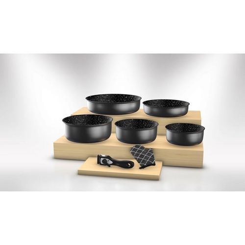 Batterie De Cuisine Revêtement Pierre Avec Manche Amovible 7 Pièces Noir  Hg8053-blk