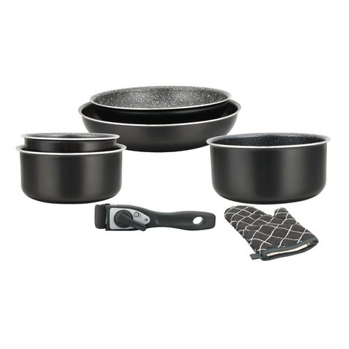 Batterie De Cuisine Revêtement Pierre Avec Manche Amovible 7 Pièces Noir  Hg8053-blk