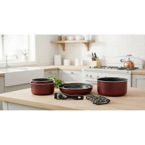 Batterie De Cuisine Revêtement Pierre Avec Manche Amovible 7 Pièces Bordeaux  Hg8053-br