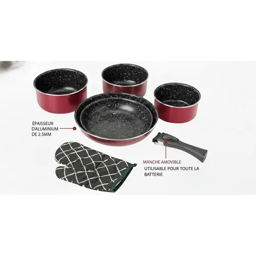 Batterie De Cuisine Revêtement Pierre Avec Manche Amovible 7 Pièces Bordeaux  Hg8053-br