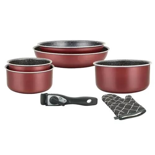 Batterie De Cuisine Revêtement Pierre Avec Manche Amovible 7 Pièces Bordeaux  Hg8053-br