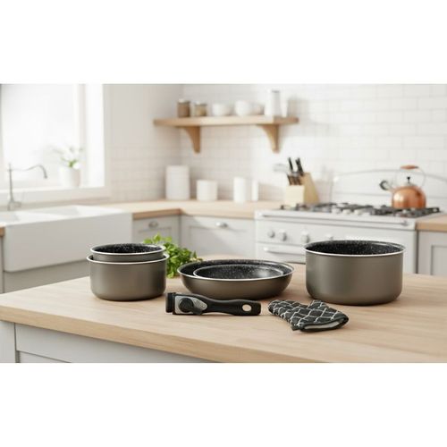 Batterie De Cuisine Revêtement Pierre Avec Manche Amovible 7 Pièces Carbonne  Hg8053-car