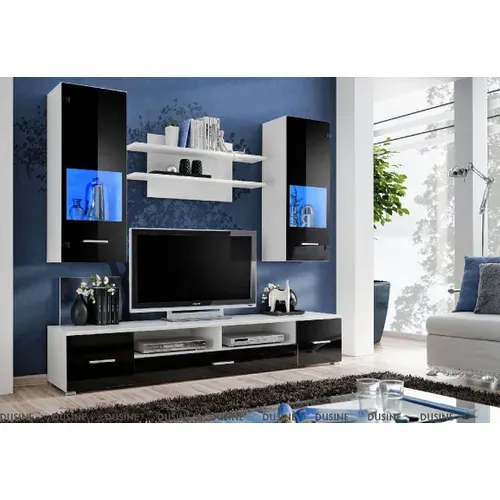 Meuble TV Mural Magnetic Noir Brillant Et Blanc Mat 200cm