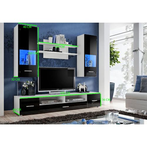 Meuble TV Mural Magnetic Noir Brillant Et Blanc Mat 200cm