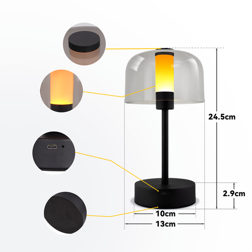 Lampe à Poser De Chevet LED à Piles Noire Intensité Variable Sans Fil Rechargeable Par USB-c
