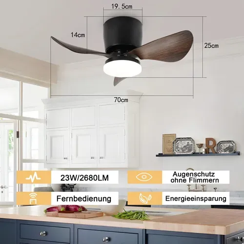 Ventilateur De Plafond LED Avec Éclairage Silencieux 23w 70cm Noir Minuterie 6 Vitesses