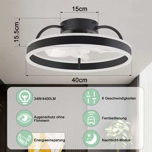 Ventilateur De Plafond Avec Éclairage 34w 40 Cm Silencieux Variable 3 Températures De Couleur