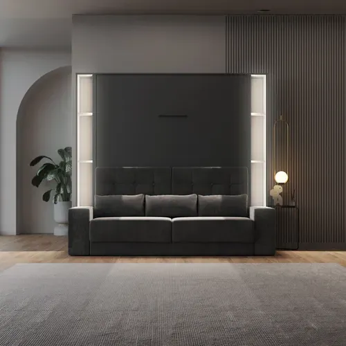 Lit Escamotable Ensemble 2 Placards Étagère Et Canapé 160x200cm Lit Mural Anthracite Inc.led