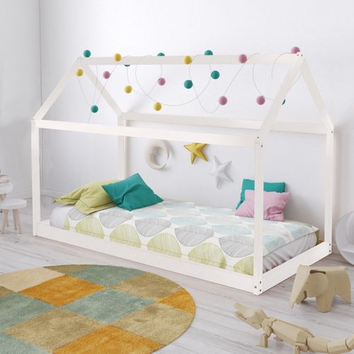 Lit Cabane Enfant 90x190cm Bois Massif Pandou Blanc Inclus Sommier