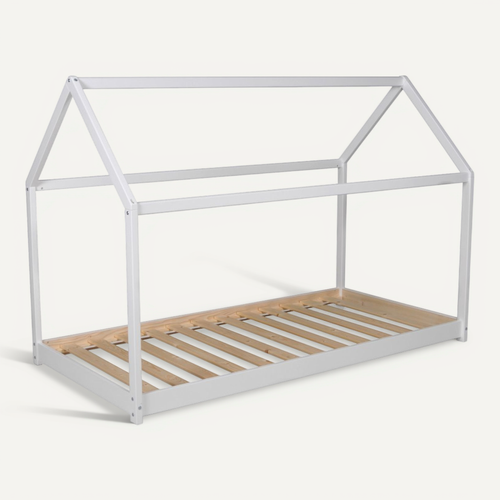 Lit Cabane Enfant 90x190cm Bois Massif Pandou Blanc Inclus Sommier