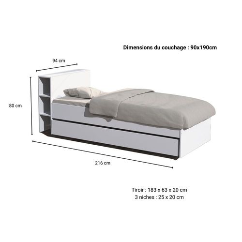 Lit 1 Place 90x190cm Blanc Rogo Inclus Tete De Lit Avec Étageres