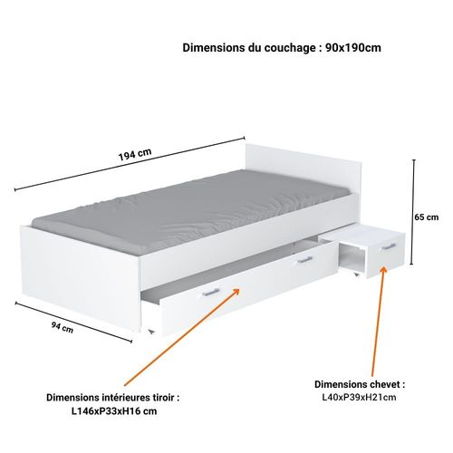 Lit 1 Place 90x190cm Blanc Tido Inclus Chevet Et Tiroir Pour Rangement