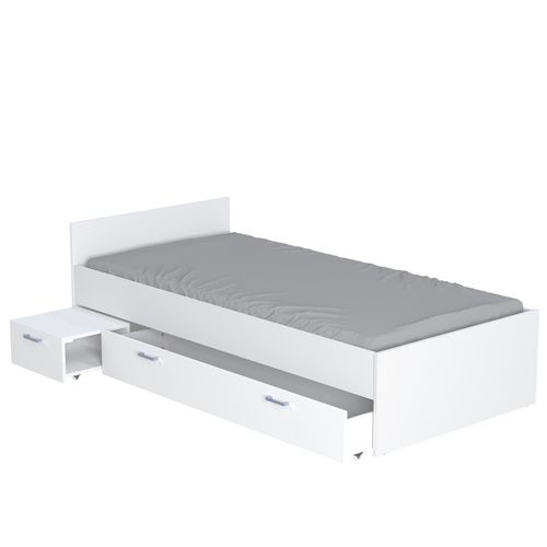 Lit 1 Place 90x190cm Blanc Tido Inclus Chevet Et Tiroir Pour Rangement