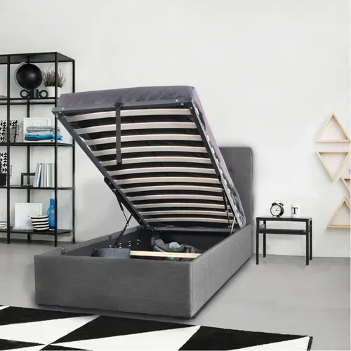 Lit Coffre 1 Place 90x190cm Tissu Gris Foncé Avec Sommier Pama
