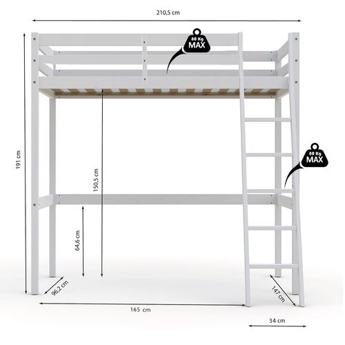 Lit Mezzanine 90x200cm Blanc Sala Avec Incl. Sommier Et échelle