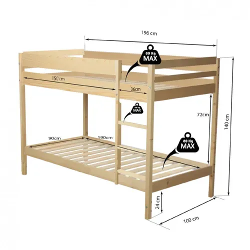Lit Superposé 90x190 Brice Bois Naturel Incl. 2 Sommiers