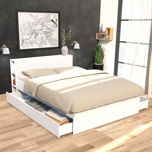 Lit 2 Places 140x190cm Blanc Rogo Inclus Sommier Et Tete De Lit Avec Étageres Et 2 Tiroirs