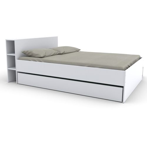 Lit 2 Places 140x190cm Blanc Rogo Inclus Sommier Et Tete De Lit Avec Étageres Et 2 Tiroirs