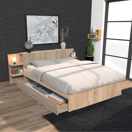 Lit 2 Places 140x190cm Chêne Cita Inclus Sommier Et Tete De Lit Chevet Et Tiroir