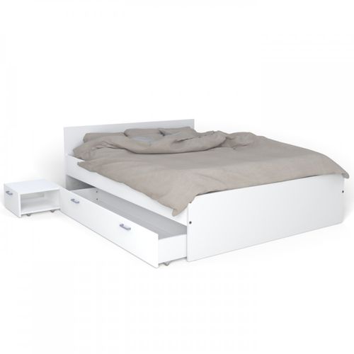 Lit 2 Places 140x190cm Blanc Tido Inclus Sommier, 1 Chevet Et 1  Tiroir Pour Rangement