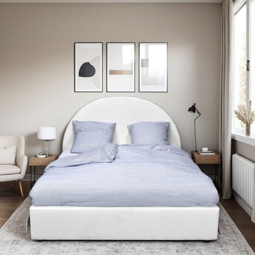 Lit Coffre 2 Places 160x200cm Tissu Bouclette Blanc Avec Sommier Sher