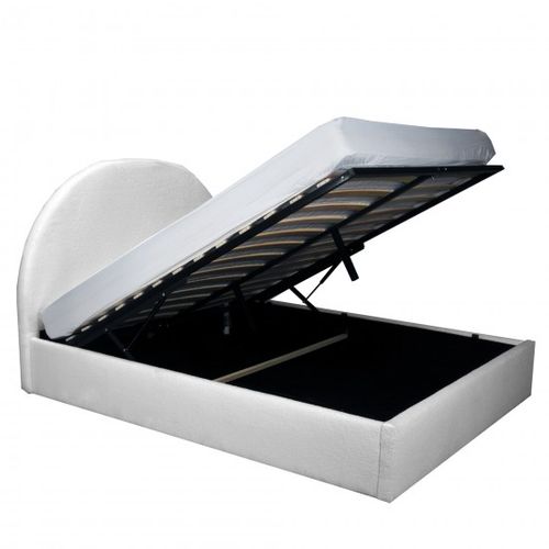 Lit Coffre 2 Places 160x200cm Tissu Bouclette Blanc Avec Sommier Sher