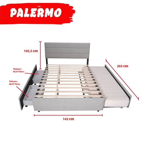Lit 2 Places 140x200cm Avec Tiroir Lit Gris Clair Palmer Inclus Sommier Et 2 Tiroirs