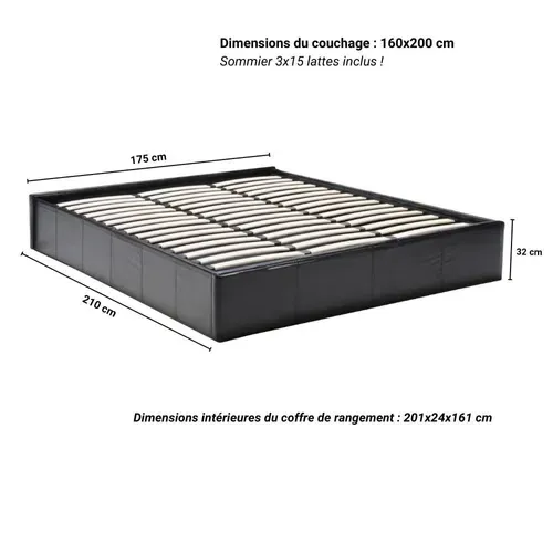Lit Coffre 2 Places 160x200cm Noir Avec Sommier Turin