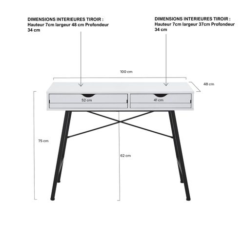Bureau 100x48cm Couleur Blanc Et Metal Noir Batin Avec 2 Tiroirs