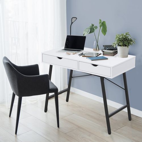 Bureau 100x48cm Couleur Blanc Et Metal Noir Batin Avec 2 Tiroirs