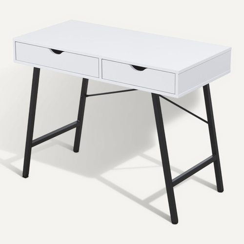 Bureau 100x48cm Couleur Blanc Et Metal Noir Batin Avec 2 Tiroirs