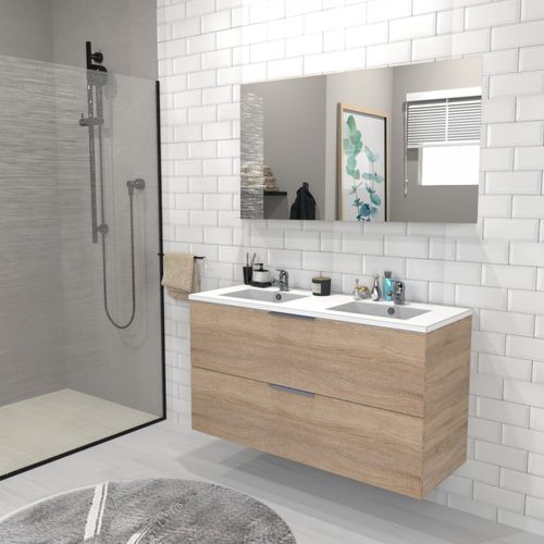Meuble Vasque Salle De Bain Avec Lavabo 120x46x64cm Couleur Chêne Mali 2 Tiroirs