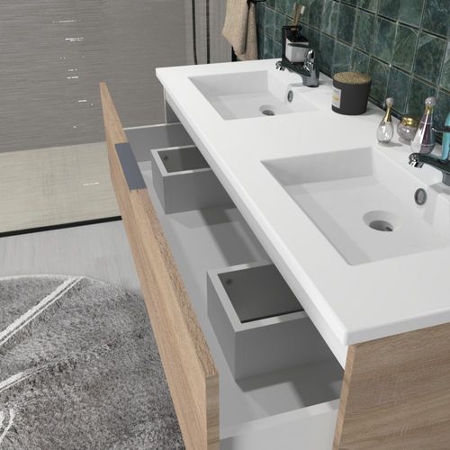 Meuble Vasque Salle De Bain Avec Lavabo 120x46x64cm Couleur Chêne Mali 2 Tiroirs
