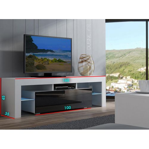 Meuble TV Spider à LED En Chêne Mat Avec Porte Blanc Laqué 160 Cm