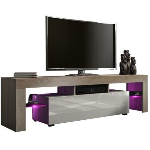 Meuble TV Spider à LED En Chêne Mat Avec Porte Blanc Laqué 160 Cm