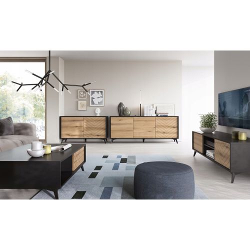 Meuble TV 154x50x39 Cm Évoque Chêne/noir Diamant Meuble Hi-fi Luxueux Sur Pied