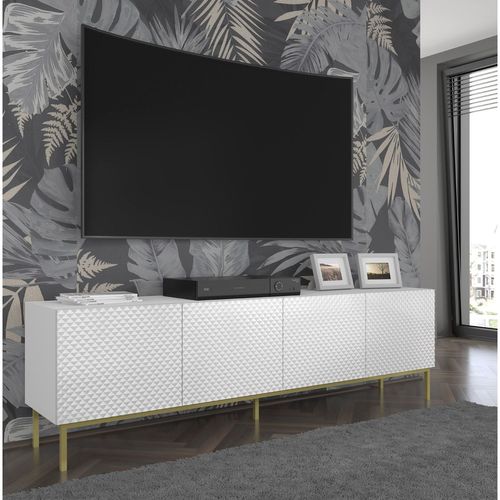 Meuble TV Meuble Hi-fi Sur Pied Blanc Mat 200x42x58cm Ravi C Diamant Pied Cadré Or