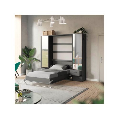 Lit Escamotable +2 Placards Vertical 120x200+(50x2)cm Miroir Lit Mural Anthracite/anthracite