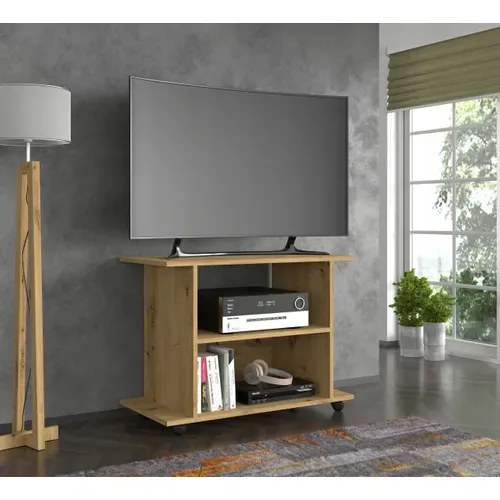 Meuble TV Commode TV Yogi Couleur Artisan 60x80x40cm (hxlxp) 2étagères Avec Roues Design Moderne