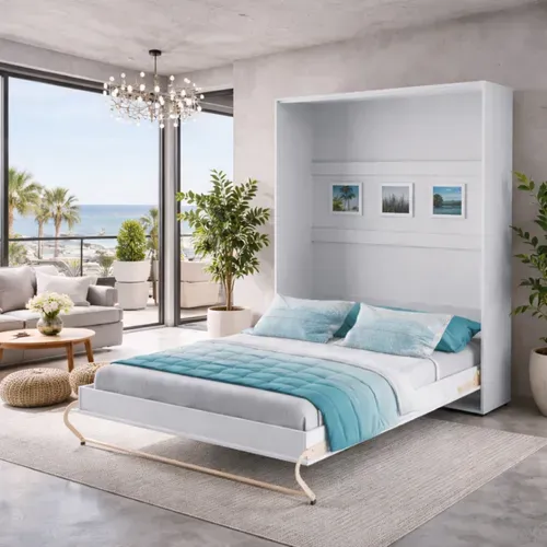 Lenart Lit Escamotable Matelas Inclus Vertical 140x200cm Blanc Brillant Lit Rabattable Consus Pro
