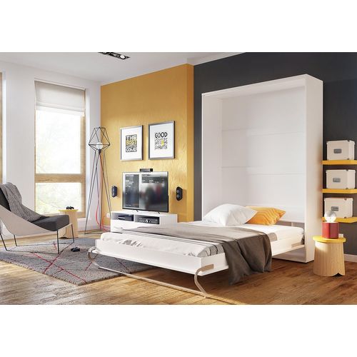 Lenart Lit Escamotable Matelas Inclus Vertical 140x200cm Blanc Brillant Lit Rabattable Consus Pro