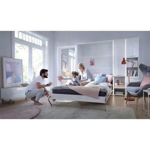 Lenart Lit Escamotable Matelas Inclus Vertical 140x200cm Blanc Brillant Lit Rabattable Consus Pro