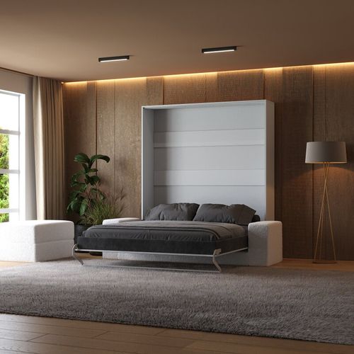 Lit Escamotable 160x200cm Vertical Canapé Blanc Lit Mural Sup M1 Blanc Mat