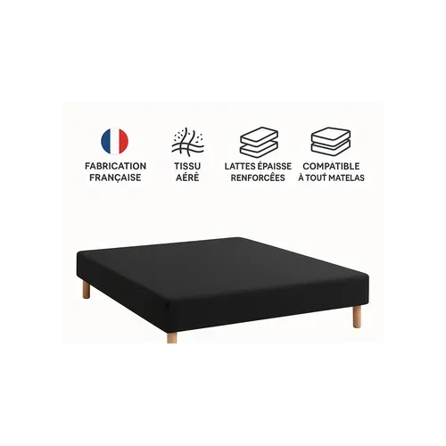 Sommier Tapissier Noir 140x200 Cm - Fabrication Française Artisanale - Pieds s - Hauteur Avec