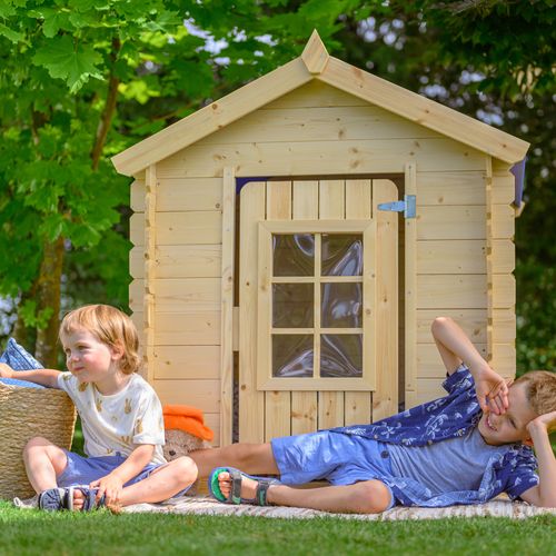 M570r-1 Maison En Bois Pour Enfants -toit Rouge- 111x114xh121cm/0.9 M2
