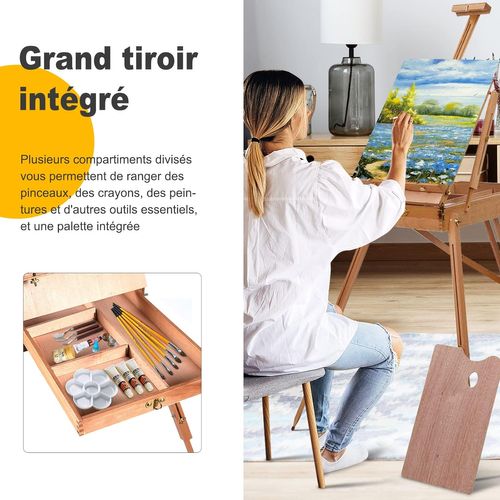 Chevalet De Peintre Sur Pied En Bois Pliable 183cm Avec Tiroir Et Plateau Support